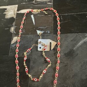 Gold and Red Evil Eye Necklace and Bracelet Set